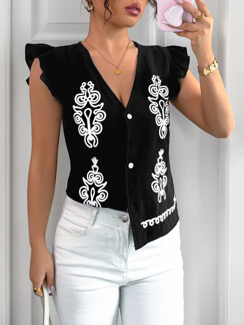 V-Neck Cap Sleeve Shirt, image 6