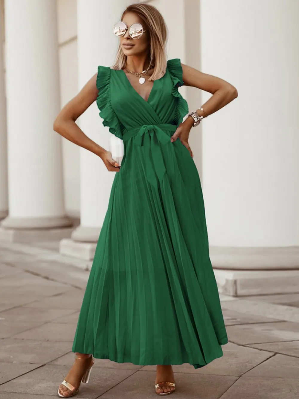 Tied Surplice Cap Sleeve Pleated Dress, image 3