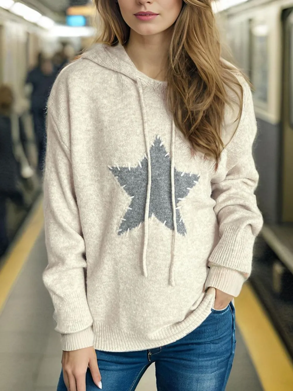 Drawstring Star Long Sleeve Hooded Sweater, image 3
