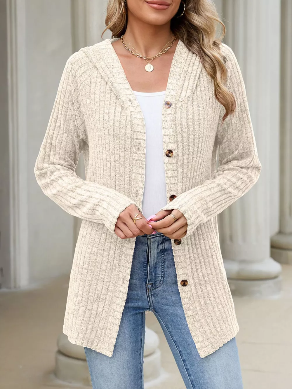 Ribbed Knit Hooded Button-Down Cardigan, image 11