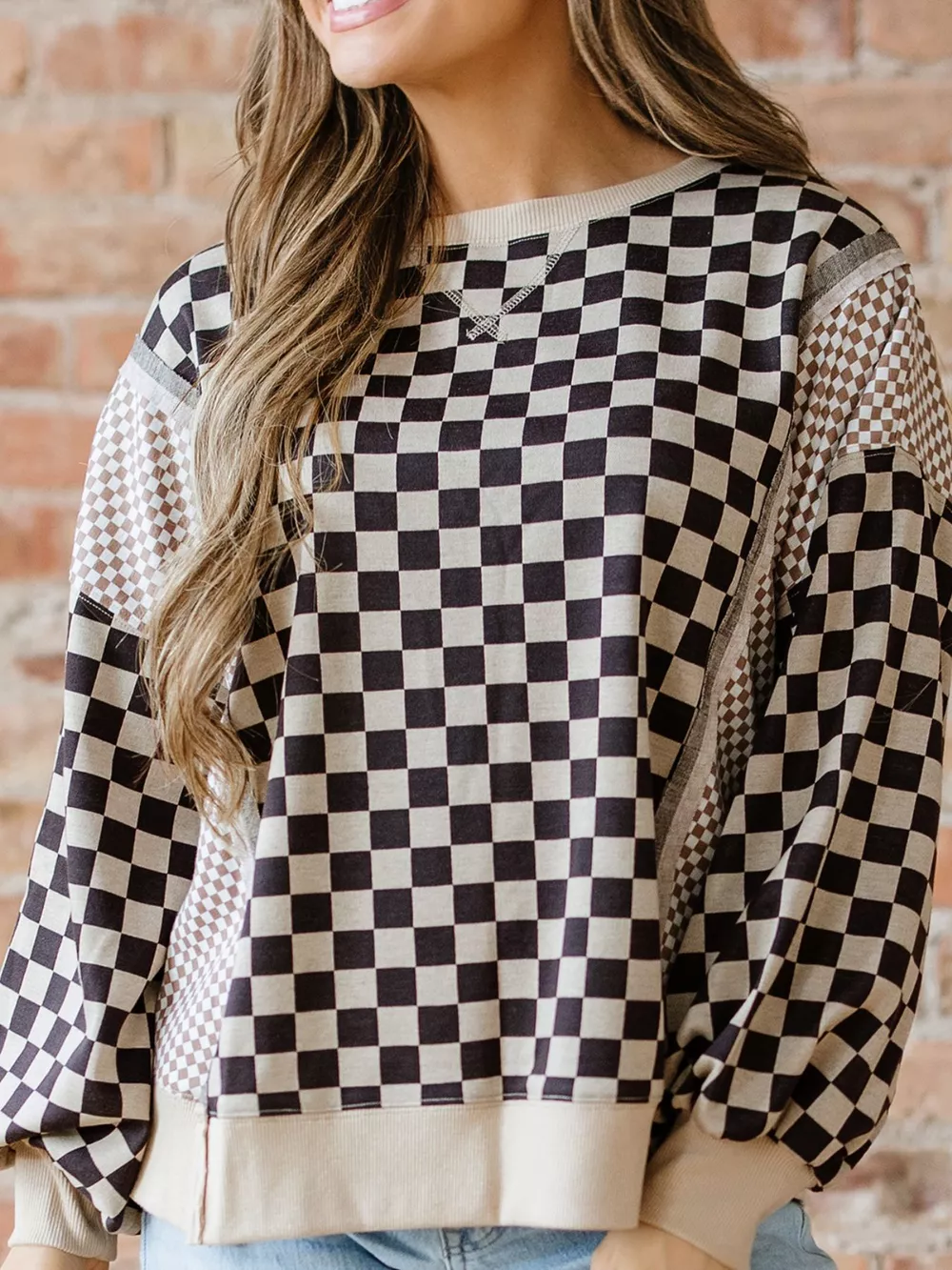 Mixed Checkered Pattern Patchwork High Low Casual Top, image 6