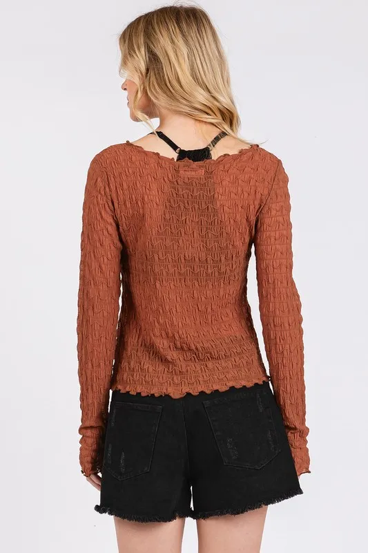 Lettuce Hem Boat Neck Long Sleeve Blouse, image 3