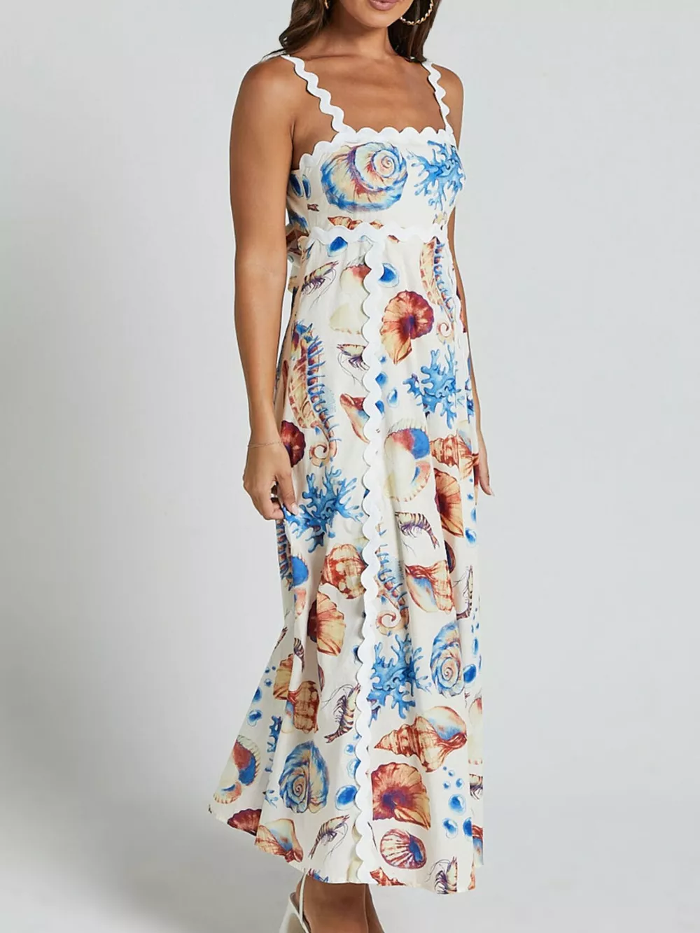 Seashell Print Scalloped Midi Dress, image 4