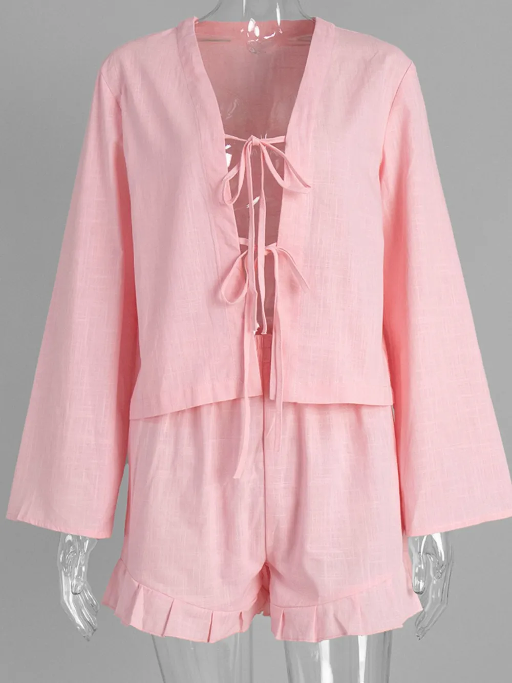 Tie Front Long Sleeve Top and Shorts Set, image 4
