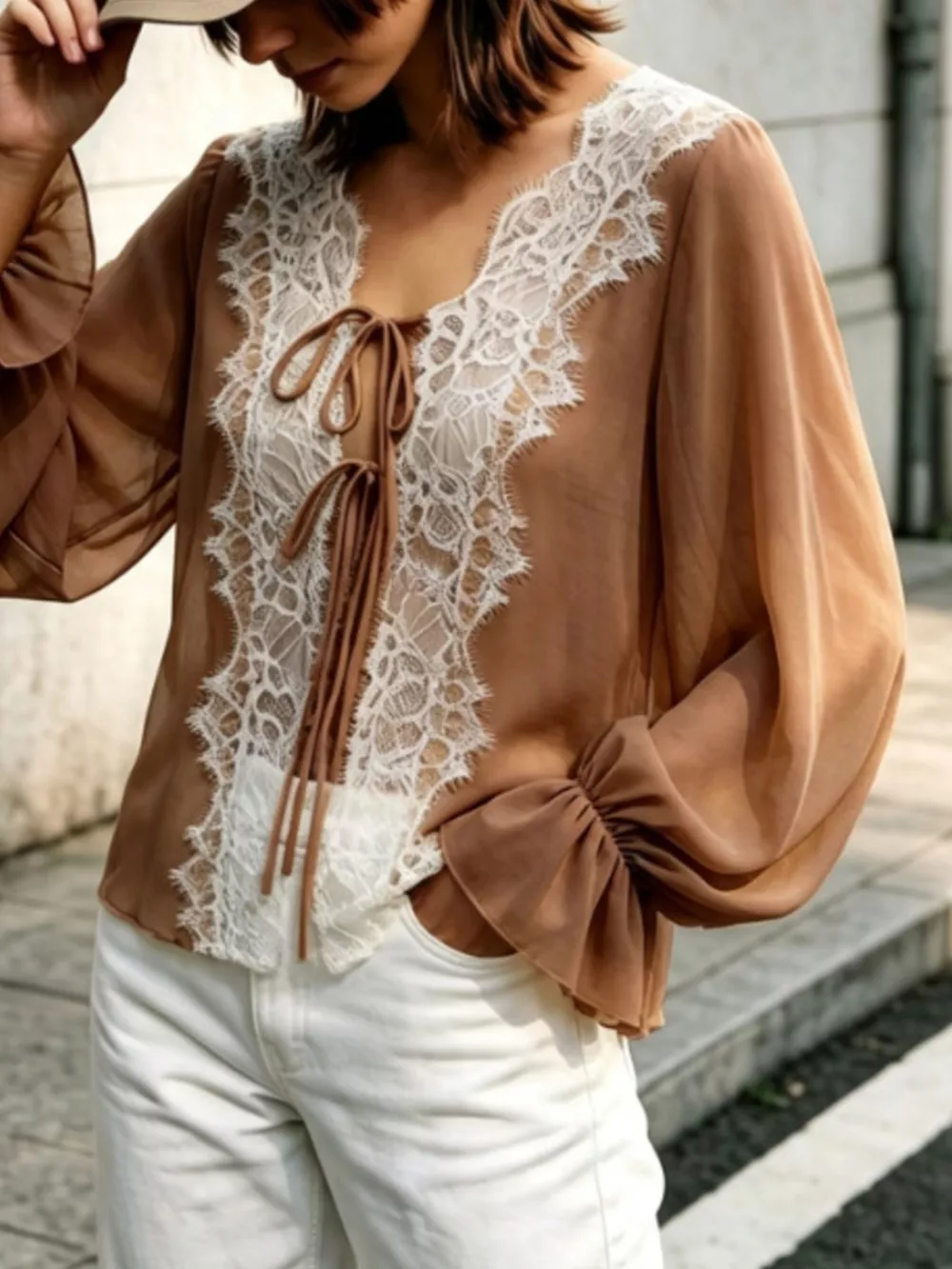 Sheer Lace-Trimmed Front Tie Blouse, image 12