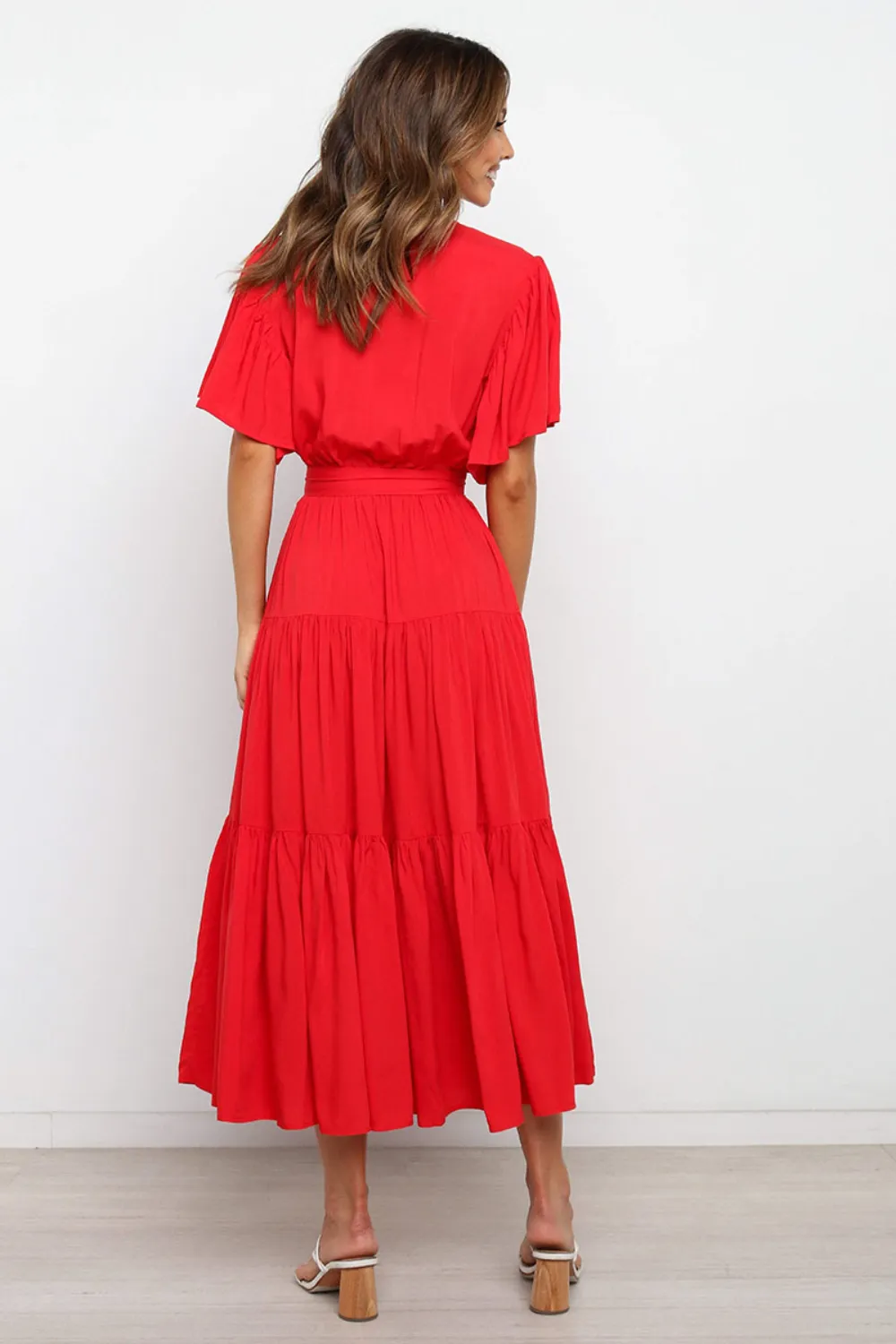 Front Tie Short Sleeve Tiered Midi Dress, image 10