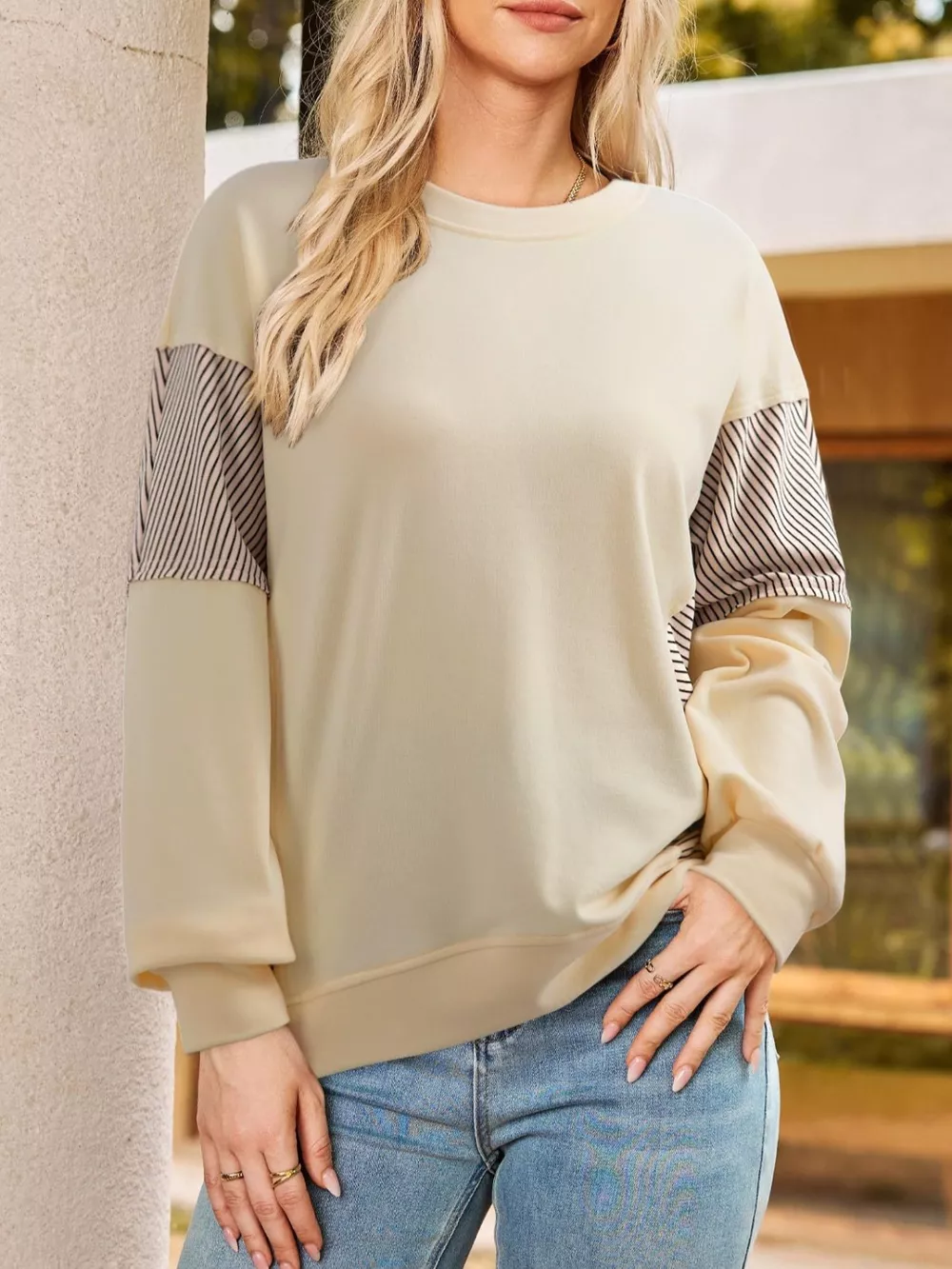 Color Block Striped Sleeve Casual Sweatshirt, image 15