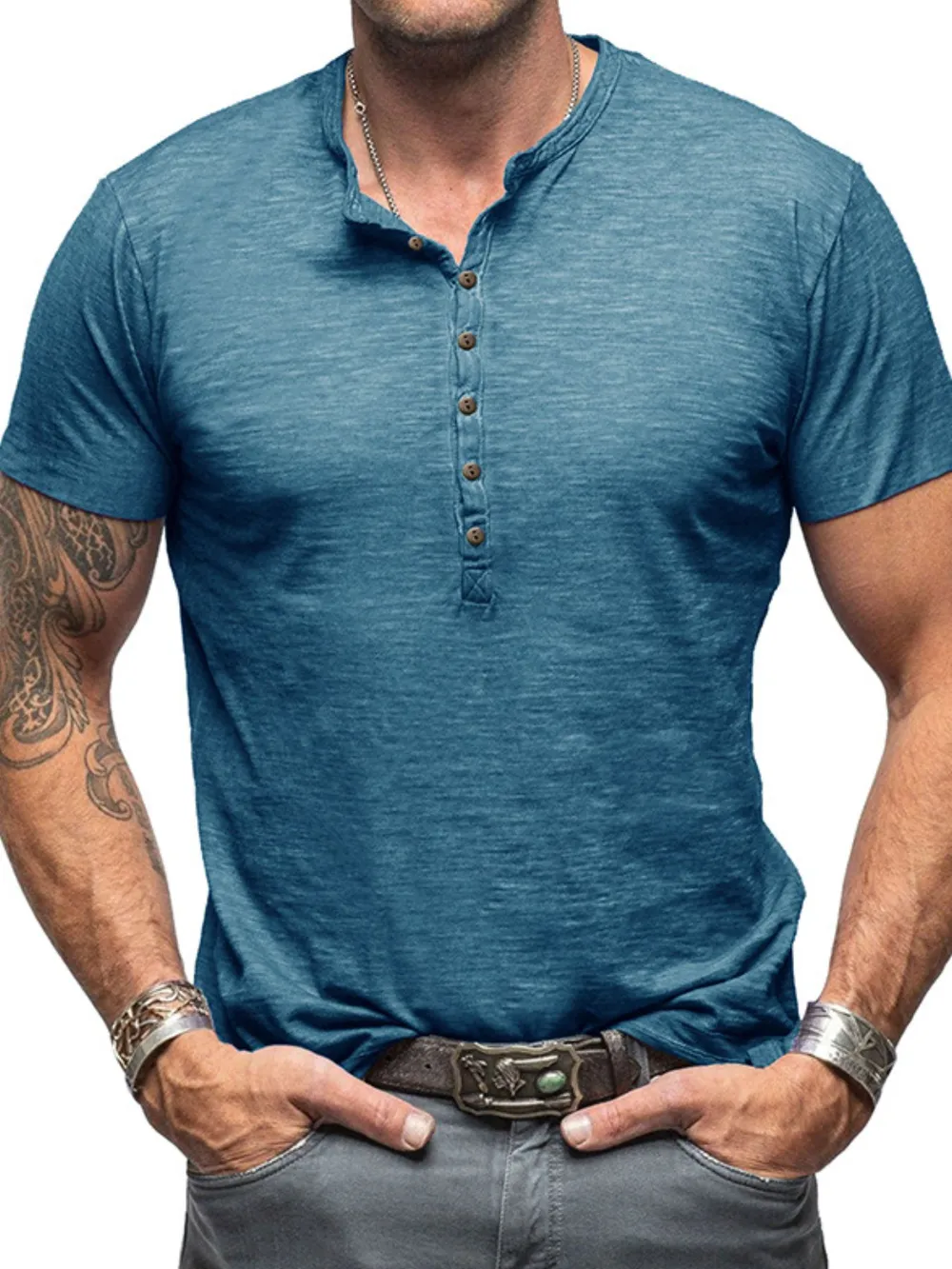 Men's Casual Henley Short Sleeve Button Top, image 13