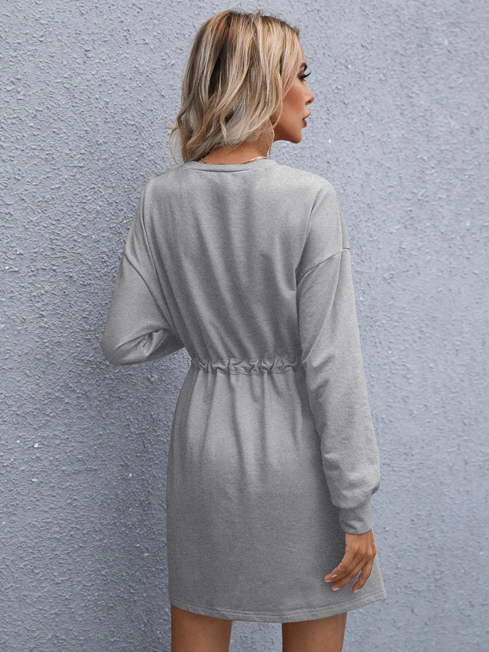 Drawstring Round Neck Dropped Shoulder Mini Dress, image 9