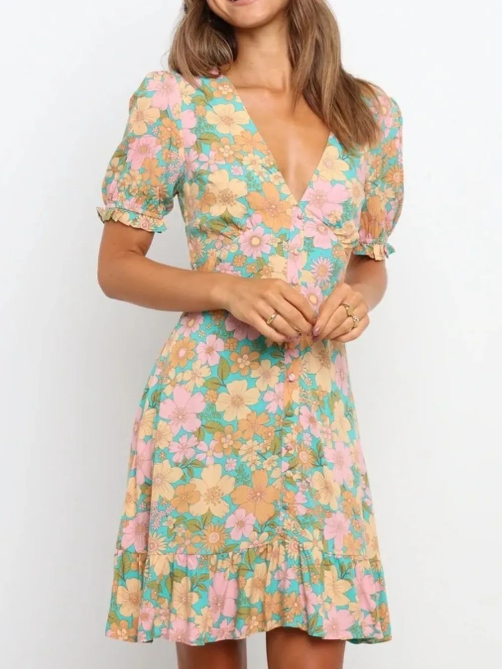 Ruffled Hem Printed Short Sleeve Mini Dress, image 2