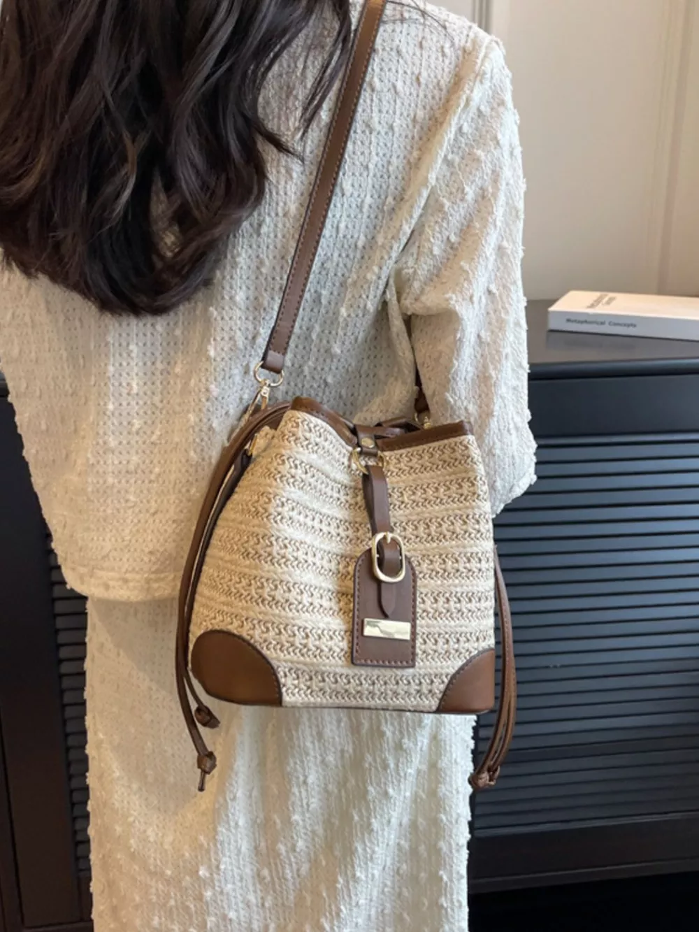 Woven Straw Bucket Crossbody Bag, image 3