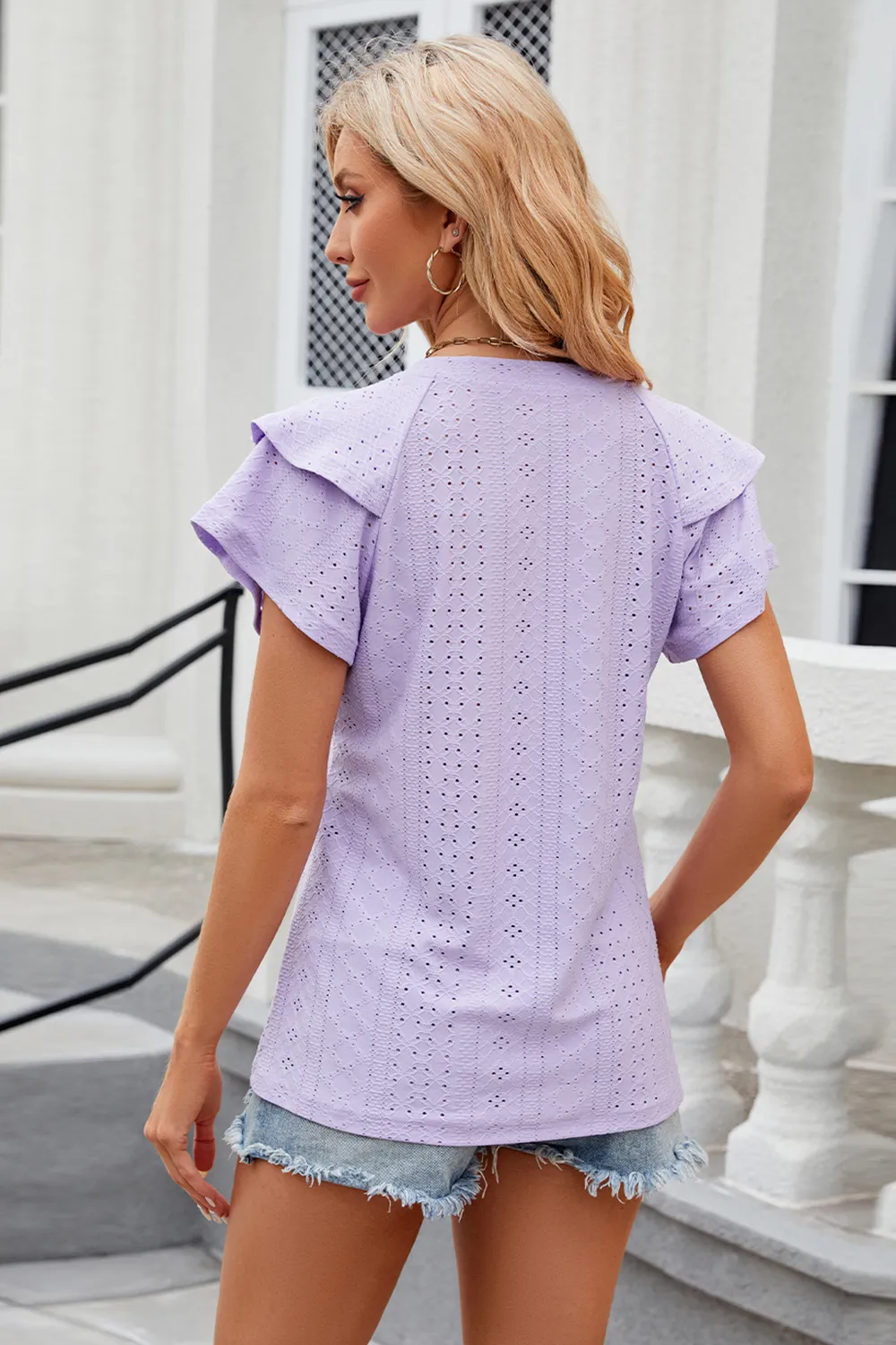 Eyelet Notched Short Sleeve T-Shirt, image 17