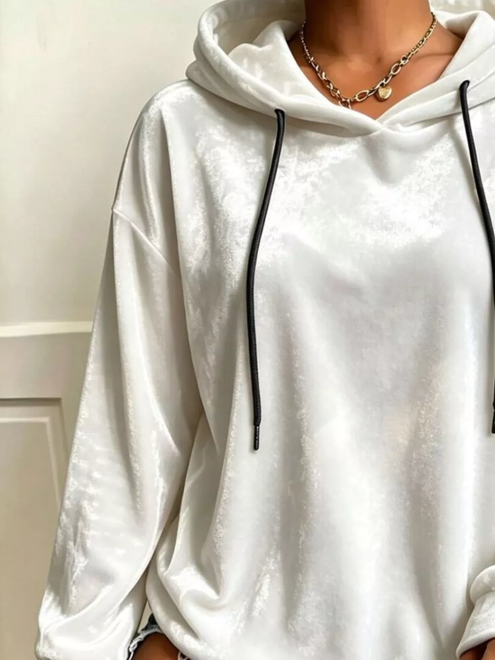 Plus Size Velvet Drawstring Dropped Shoulder Hoodie, image 2