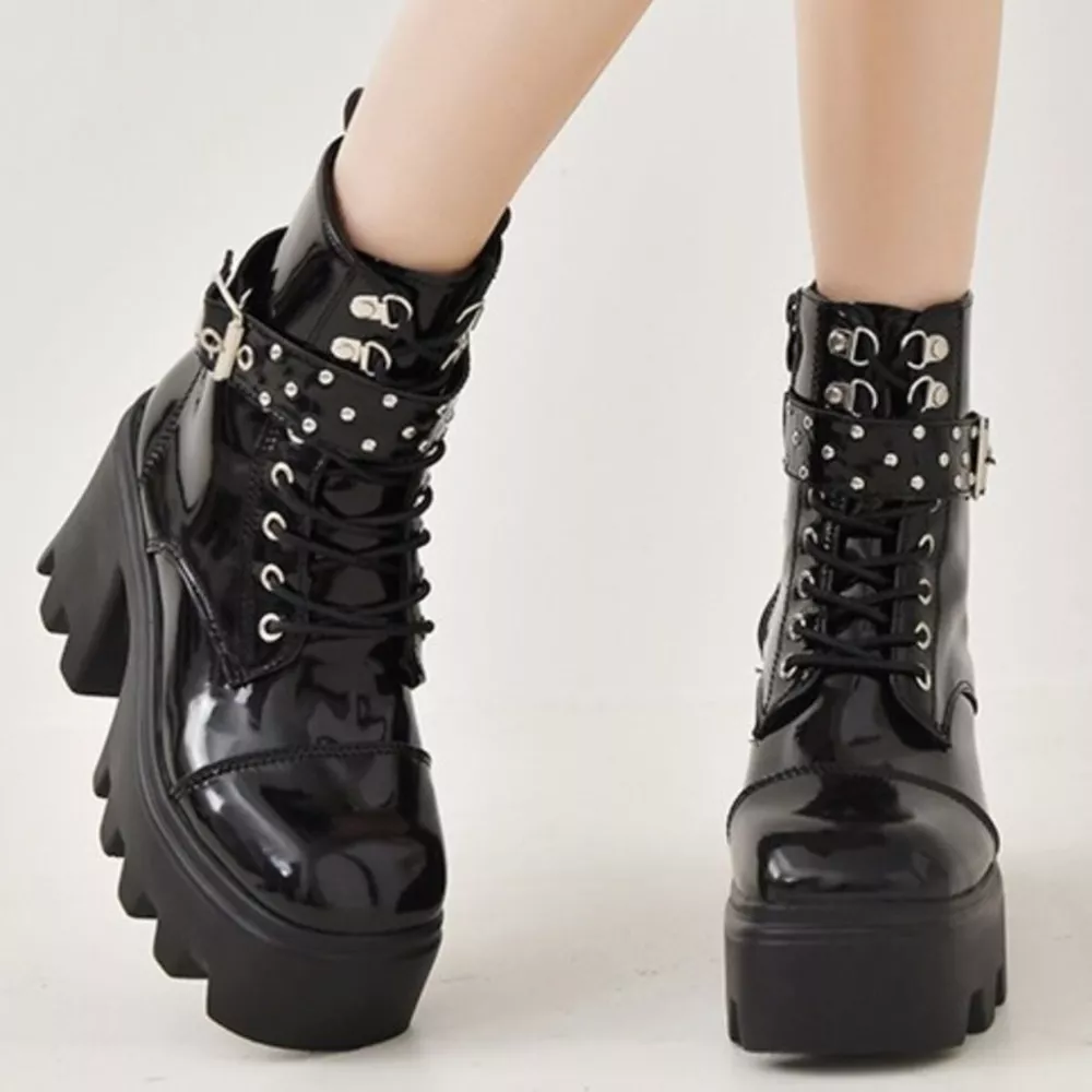 Platform Ankle Boots with Buckle and Studded Detail, image 4