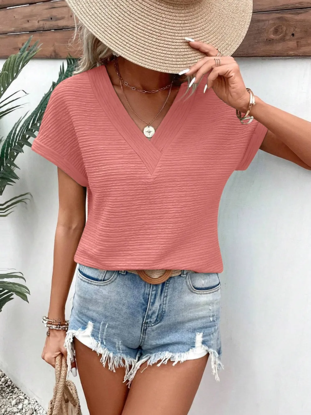 Textured Solid Color Short Sleeve Top, image 17
