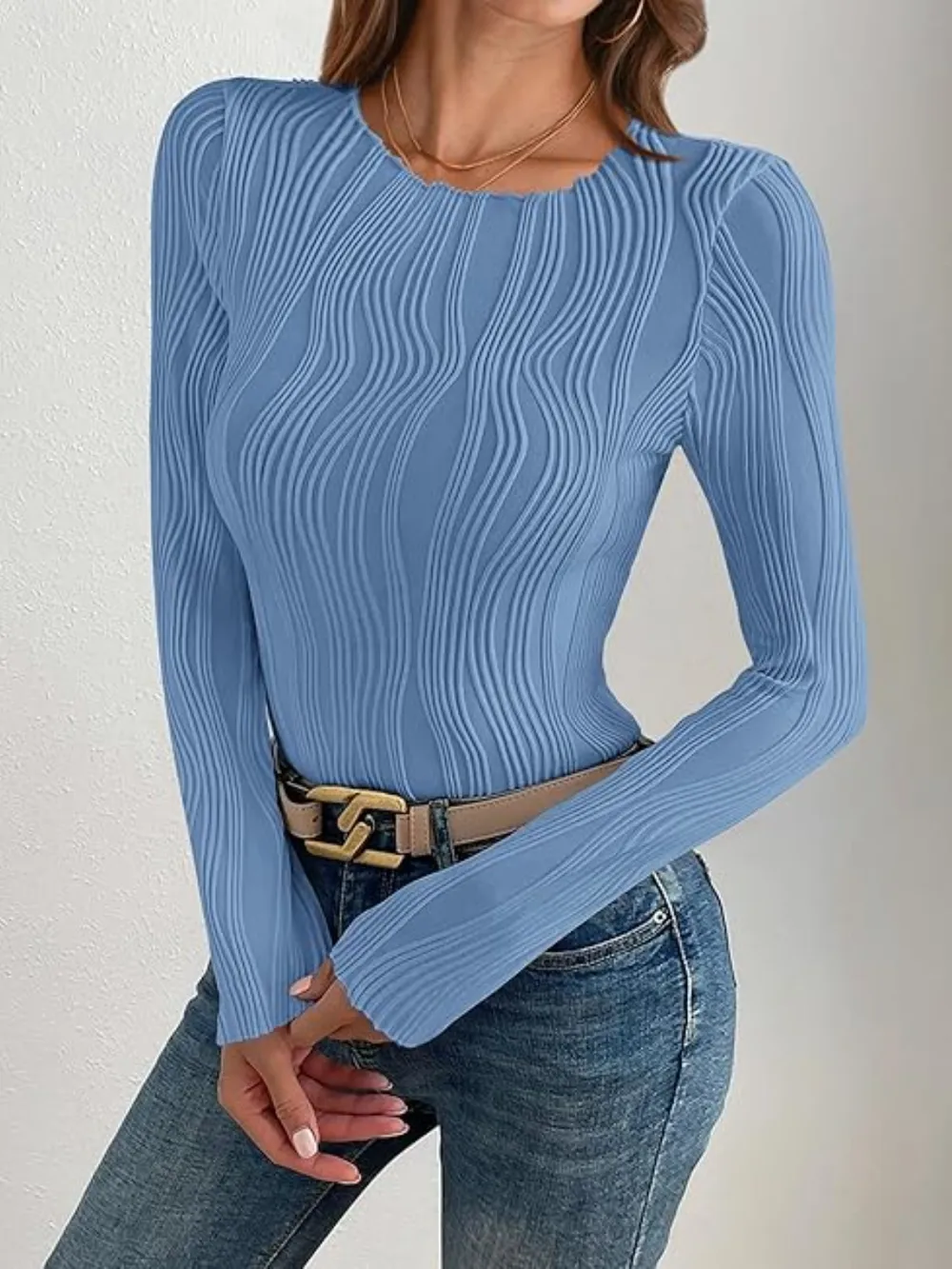 Textured Round Neck Long Sleeve Top, image 8