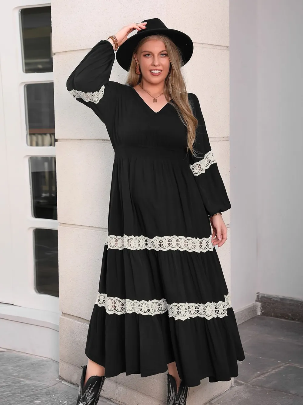 Plus Size Lace Detail V-Neck Long Sleeve Midi Dress, image 3