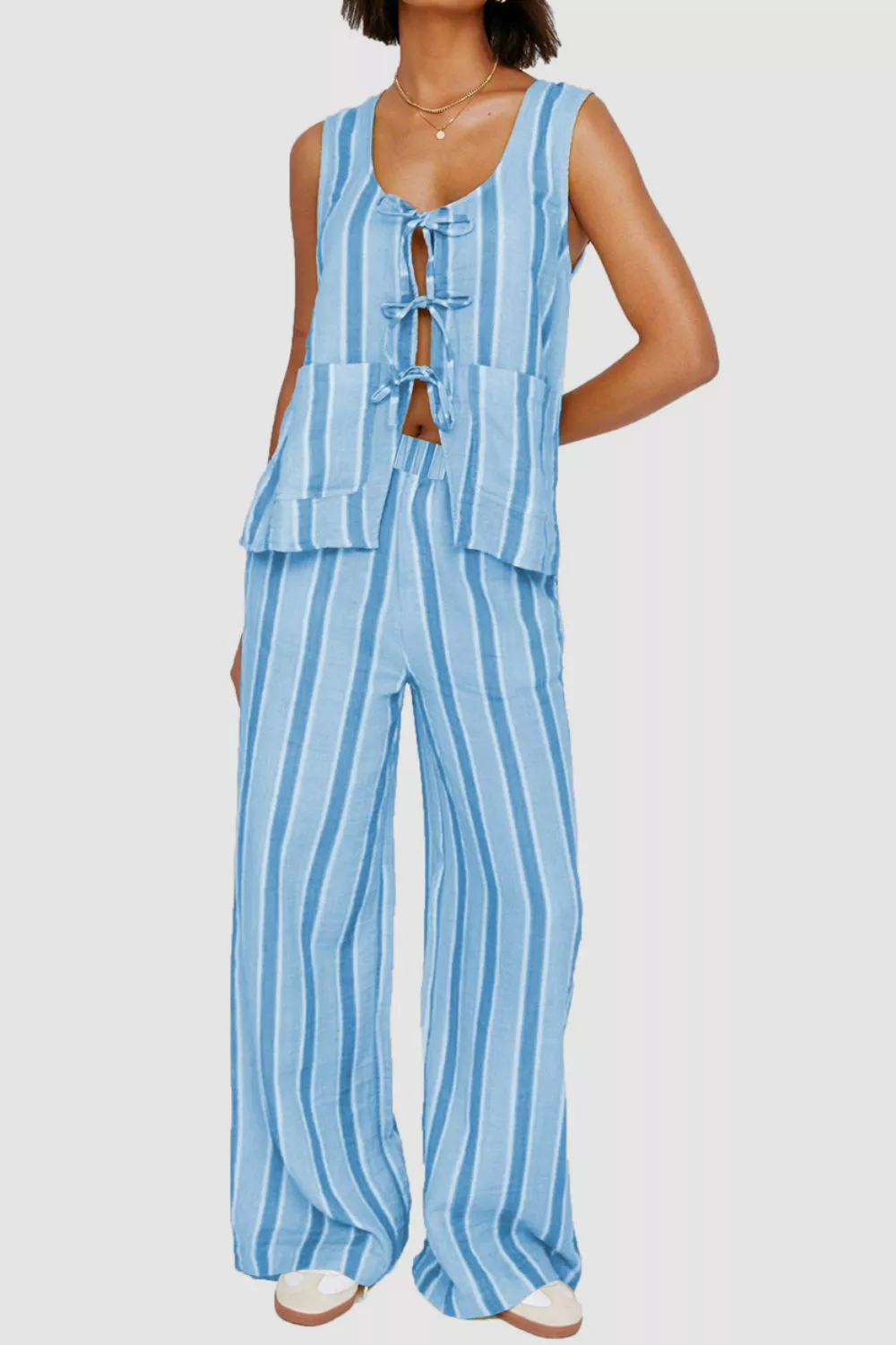 Tied Front Striped Top and Pants Set, image 8