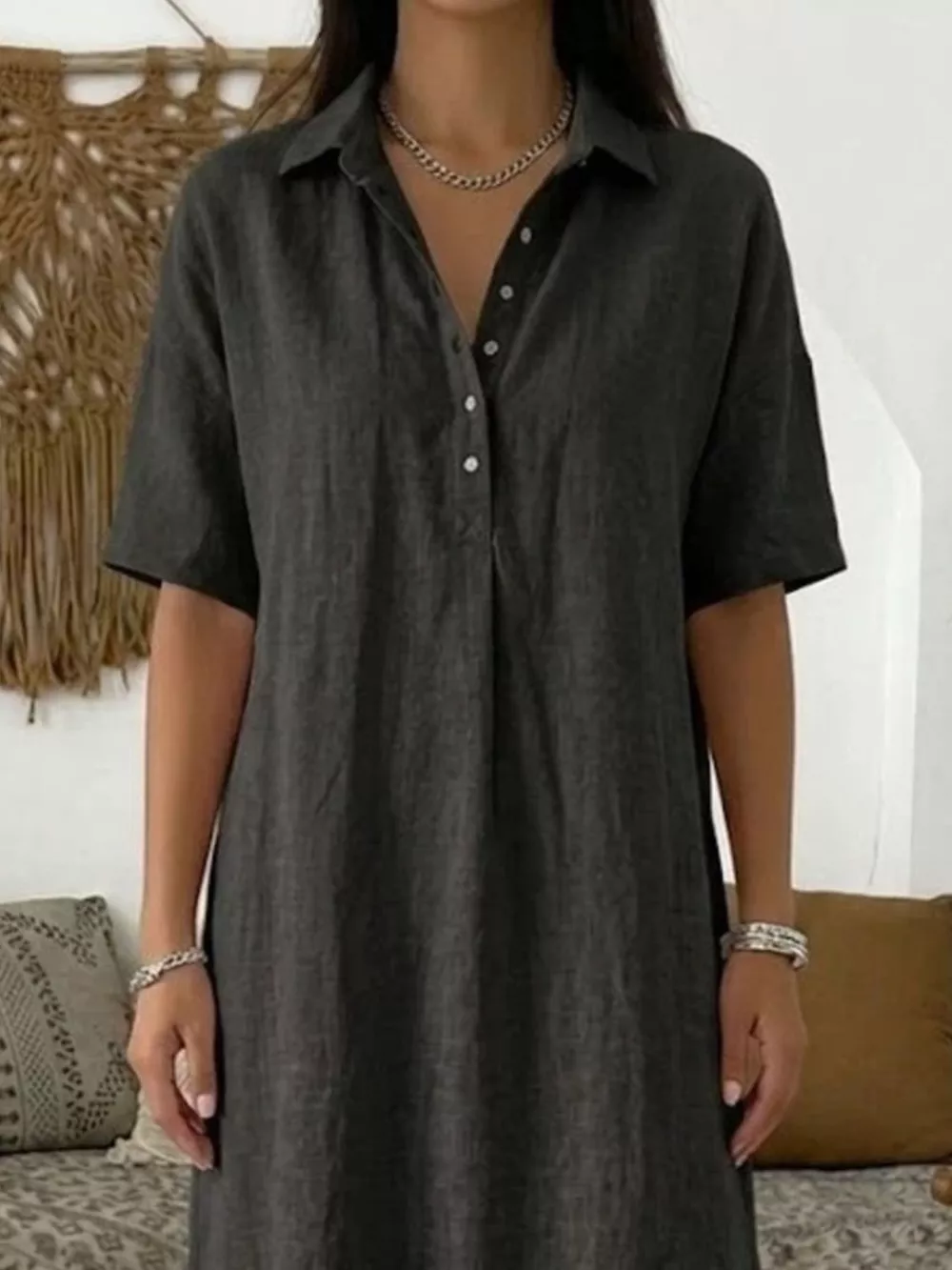 Full Size Button Detail Half Sleeve Dress Plus Size, image 4