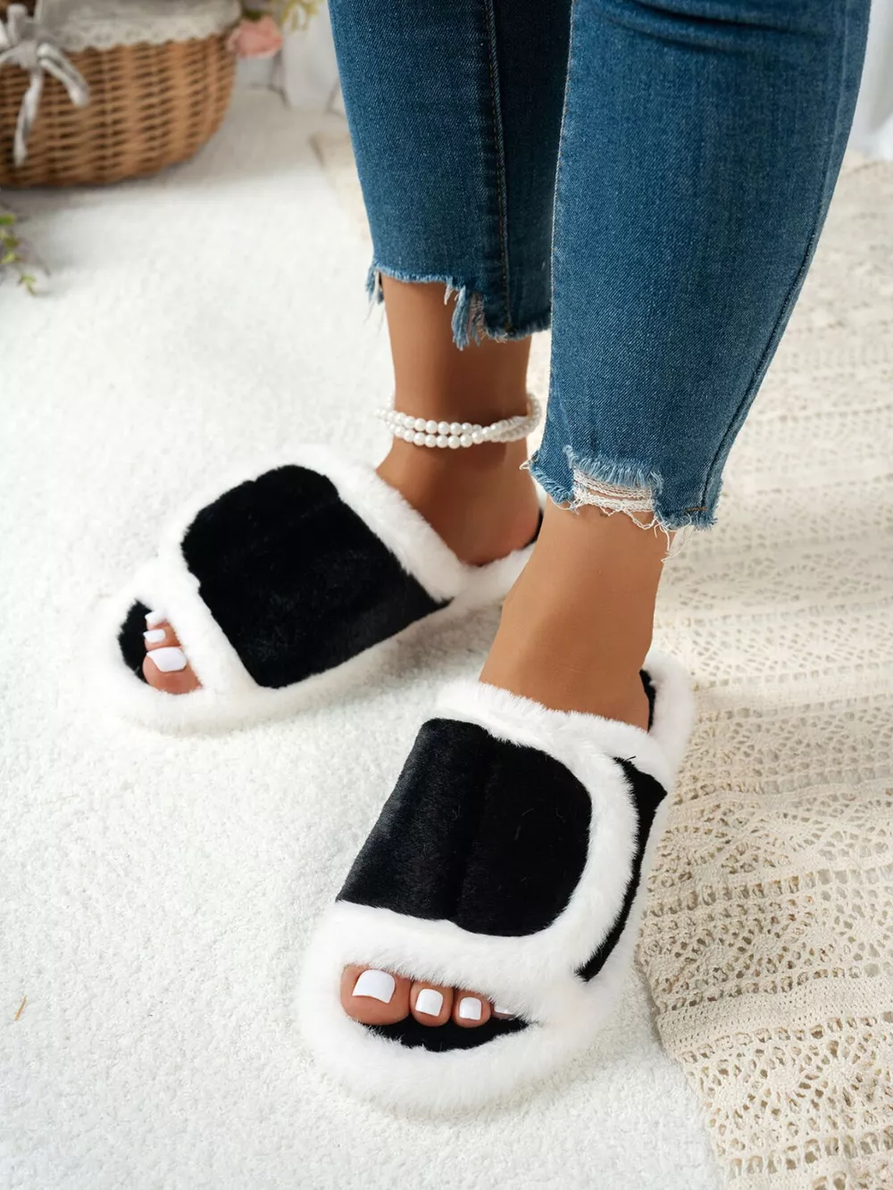 Fuzzy Open Toe Flats Slippers, image 5