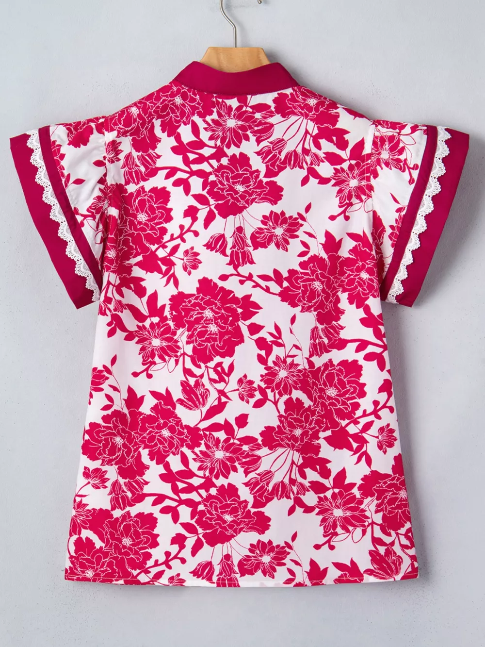Floral Print Color Block Trim Lace Detail V Neck Flutter Sleeve Blouse, image 6