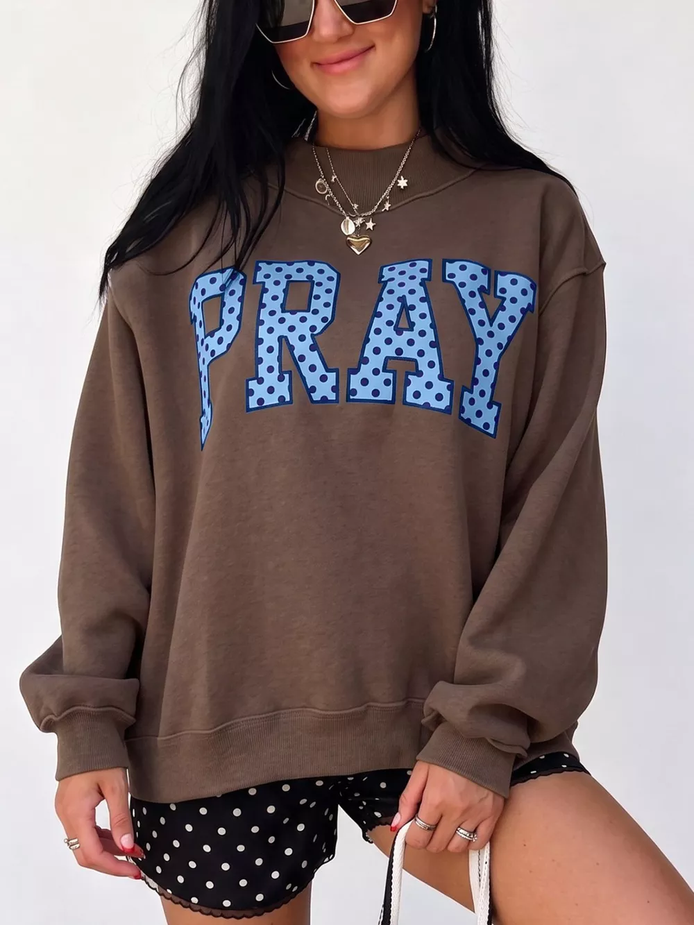 PRAY Polka Dot Embroidered Mock Neck Sweatshirt
