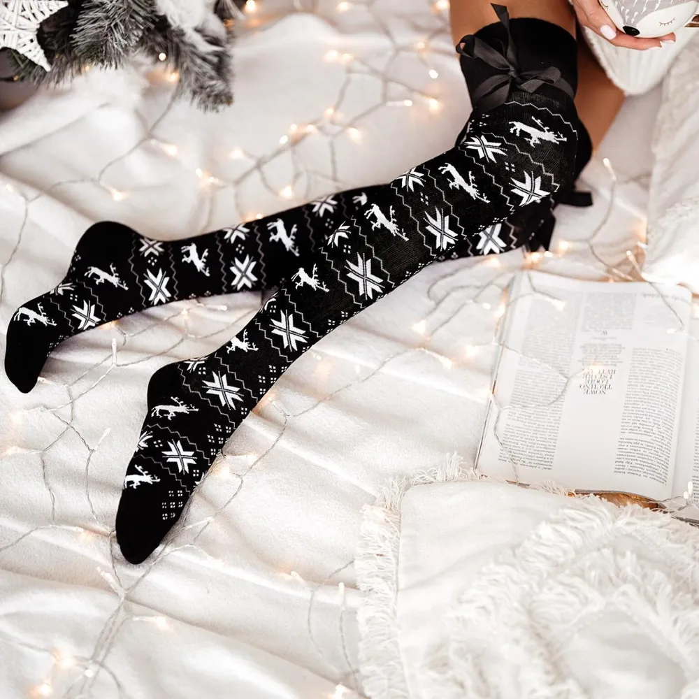 Christmas Element Bowknot Ribbed Trim Over Knee Stockings, image 12