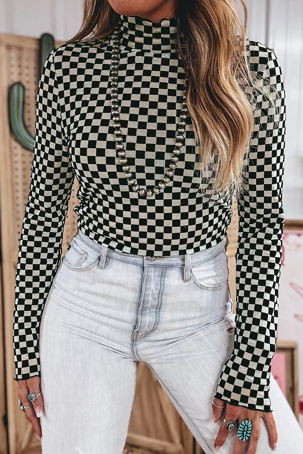 Plaid Stand Neck Long Sleeve Mesh Top, image 3