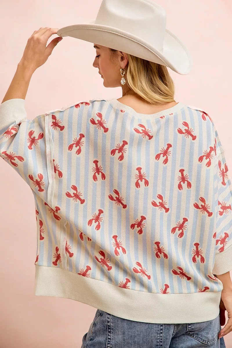 4th Of July Lobsters Stripe Waffle Knit Sleeve Top, image 6