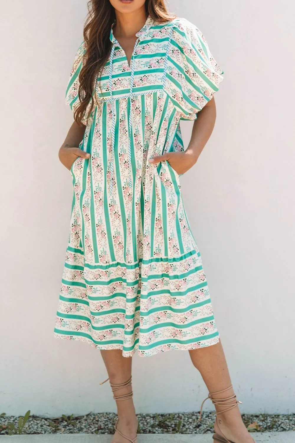 Striped Floral Print Tie Neck Puff Sleeve Midi Dress