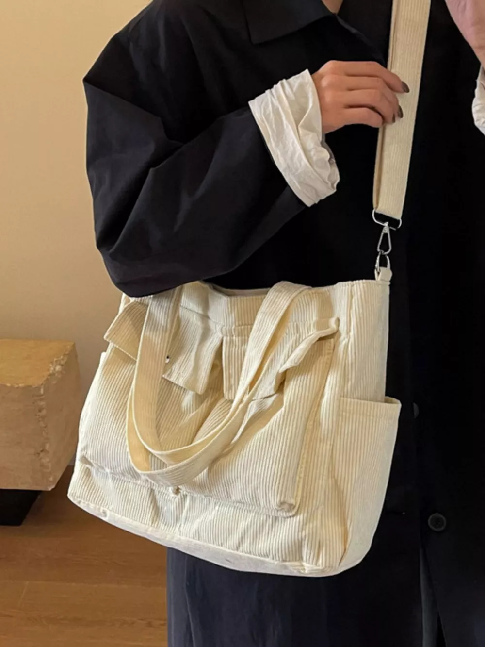 Corduroy Large Tote Bag with Adjustable Strap, image 2