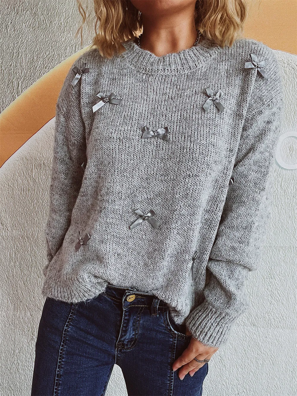 Bow Trim Round Neck Long Sleeve Sweater, image 6