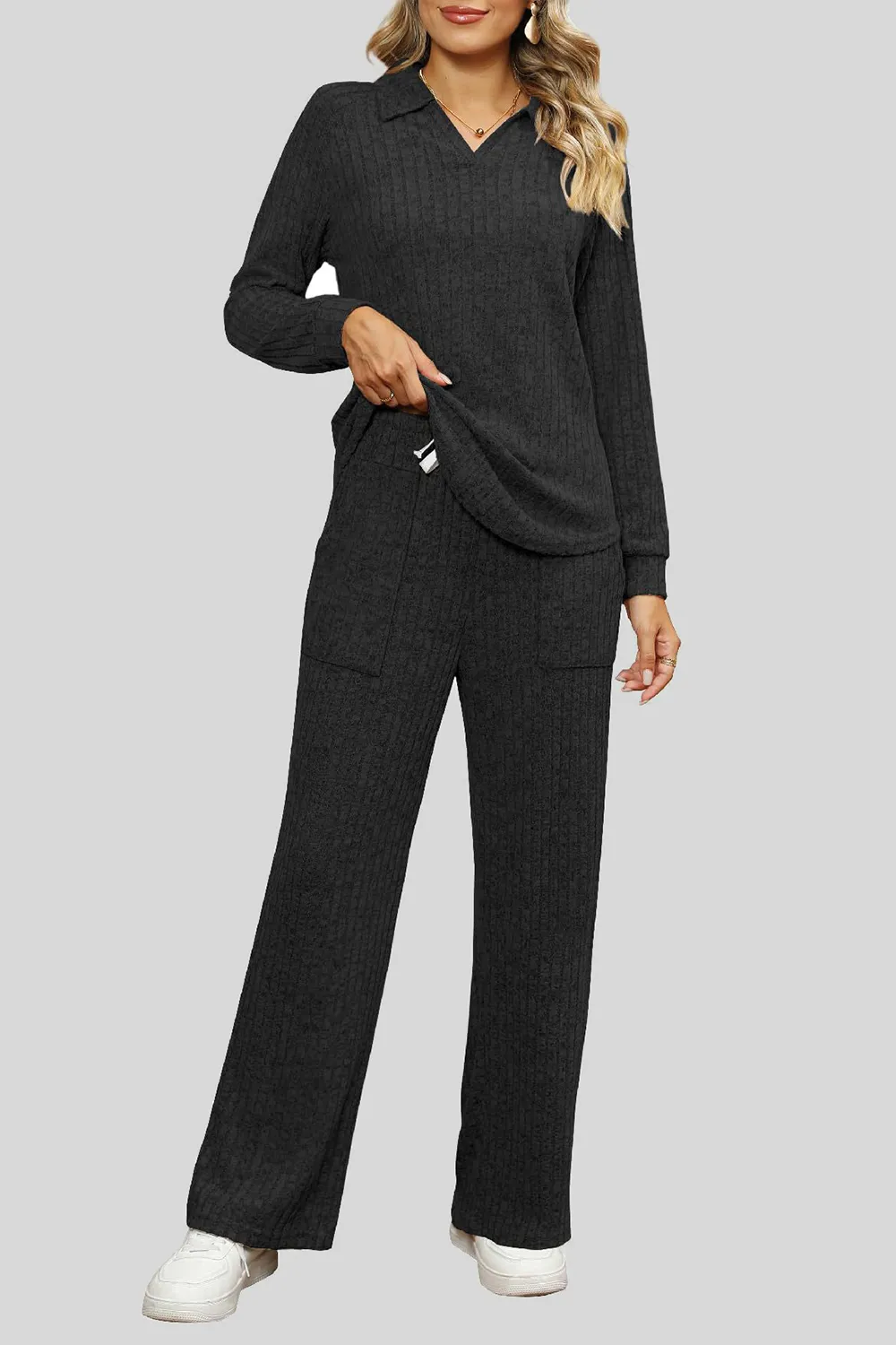 Ribbed Long Sleeve Top and Pocketed Pants Set, image 6