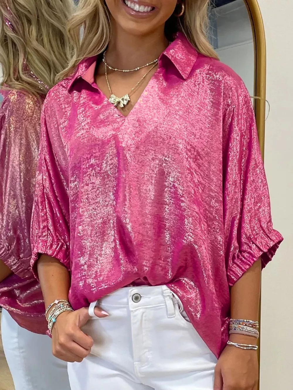 Collared V Neck Half Sleeve Metallic Top, image 2