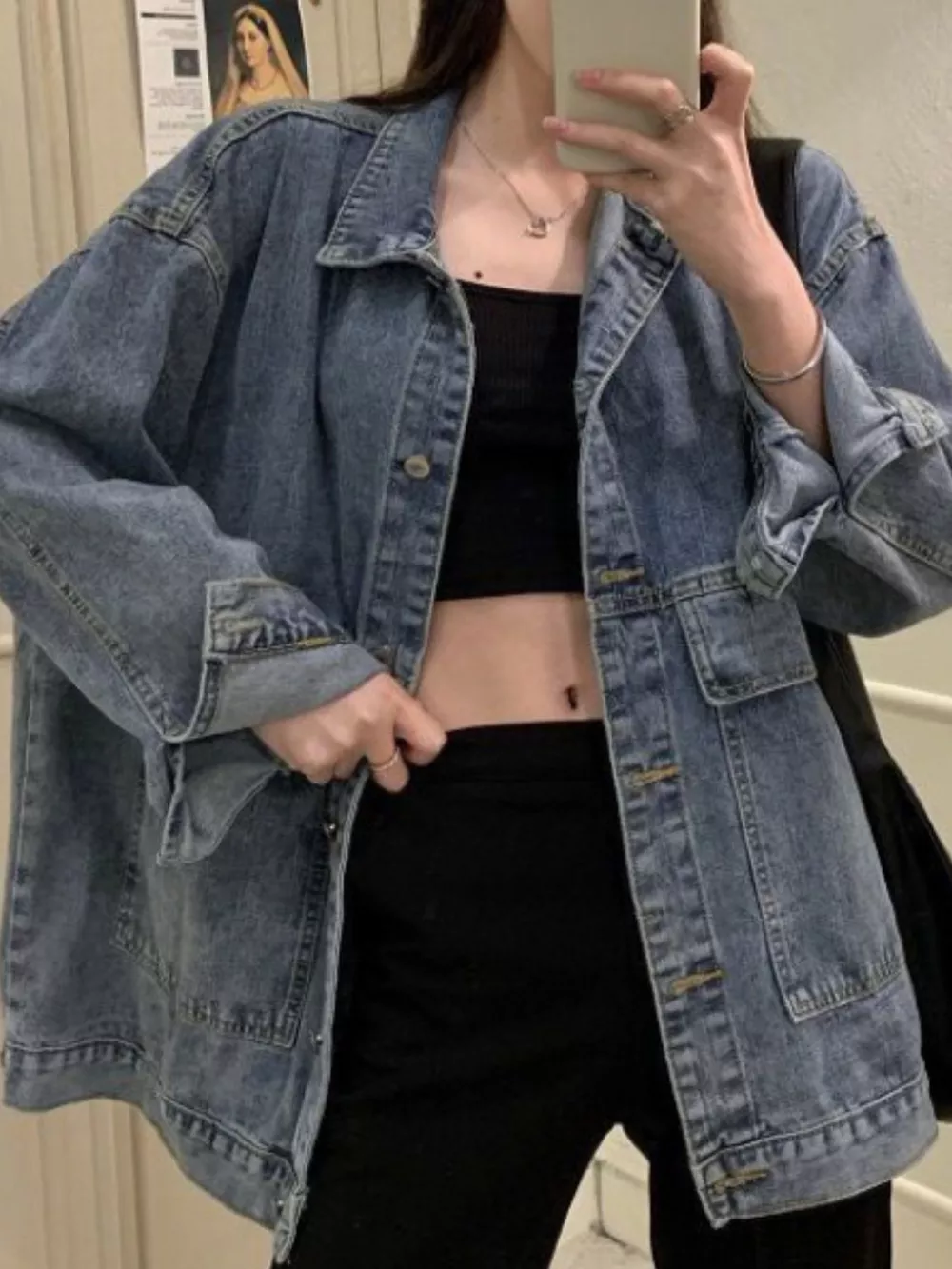 Oversized Wash Denim Jacket with Utility Pockets, image 6