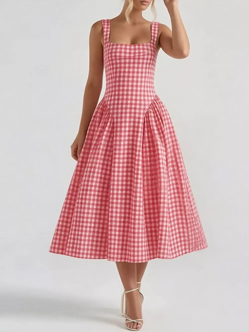 Full Size Plaid Square Neckline Midi Dress Plus Size, image 11