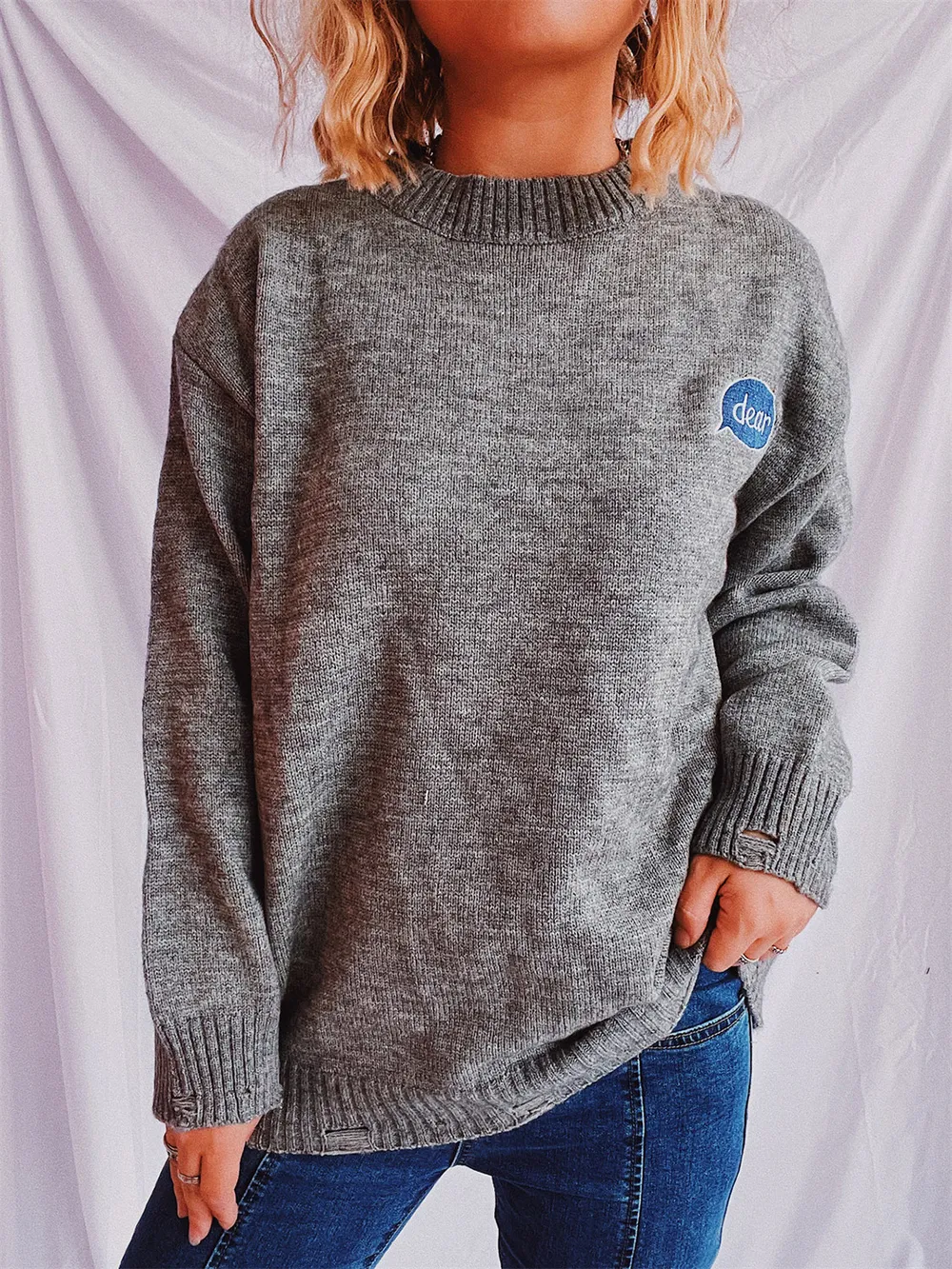 Embroidered Round Neck Dropped Shoulder Sweater, image 3
