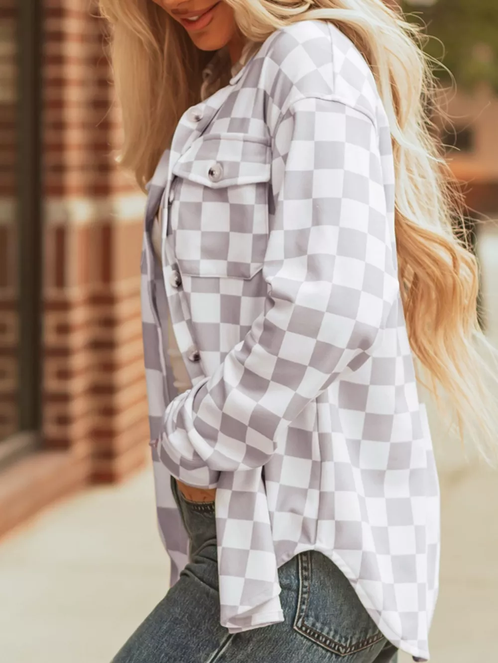Checkerboard Flap Pocket Button Front Shacket, image 7