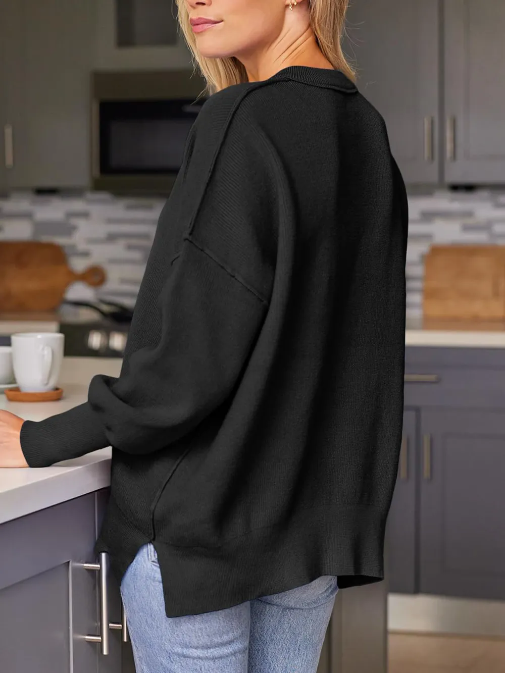 Slit Round Neck Dropped Shoulder Sweater, image 5