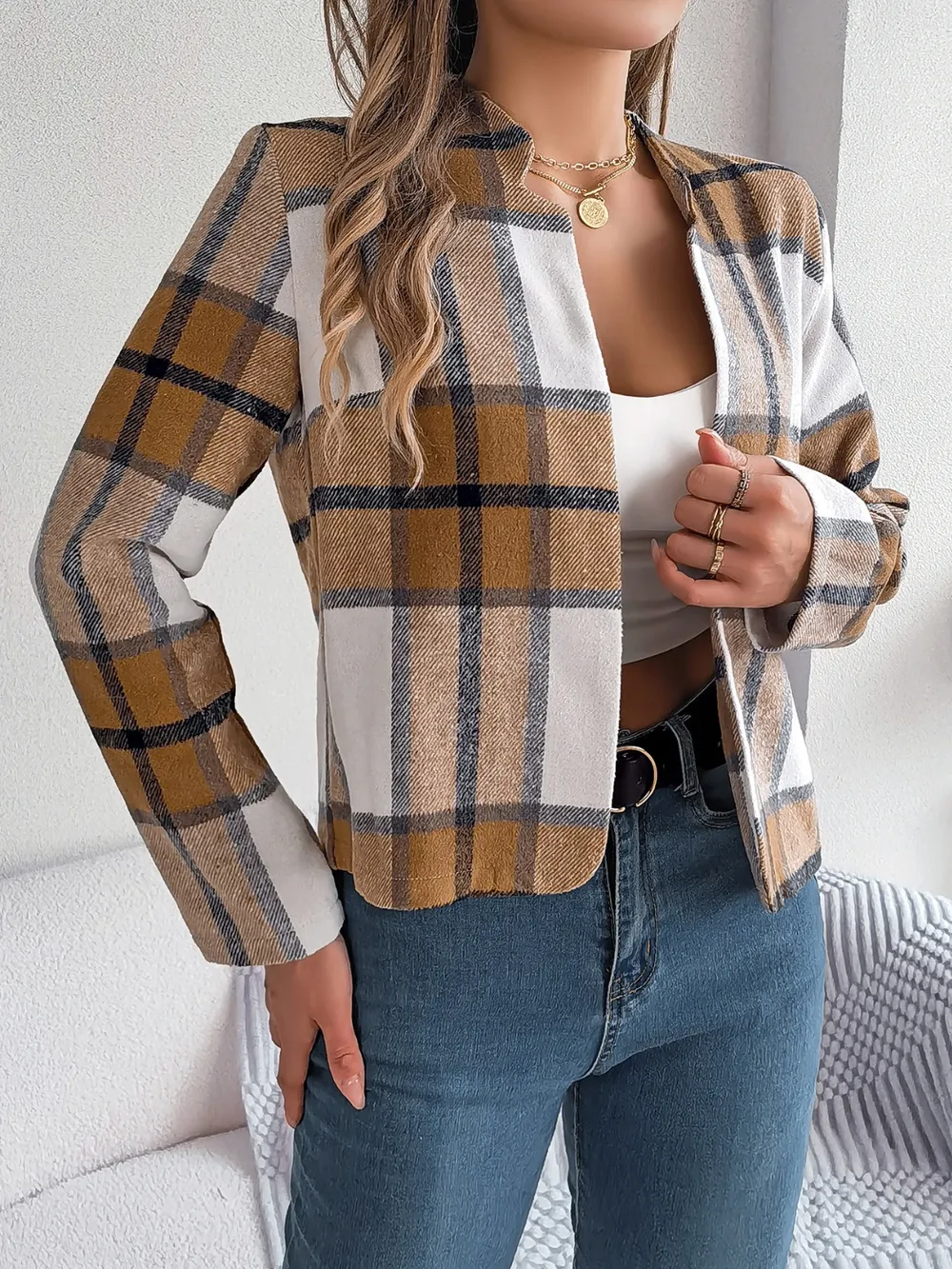 Plaid Open Front Long Sleeve Jacket, image 11