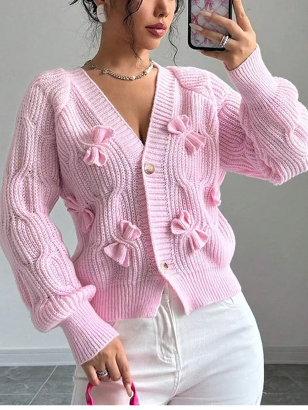 Bow Cable Knit V-Neck Cardigan