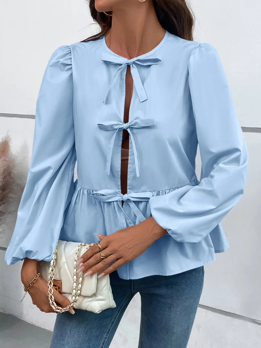 Peplum Tied Long Sleeve Blouse, image 16