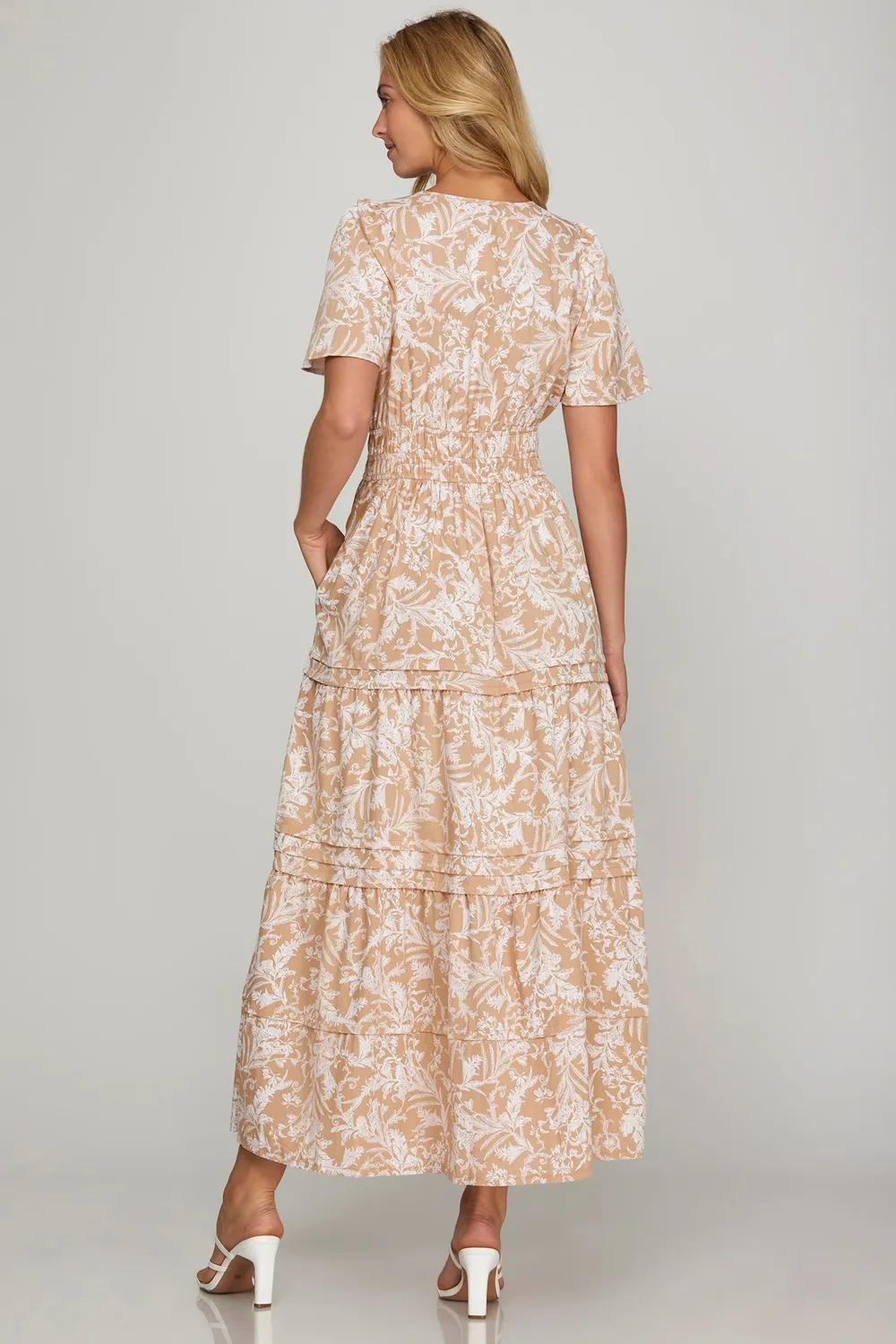 Printed Notched Woven Tiered Pintuck Maxi Dress with Side Pockets, image 2