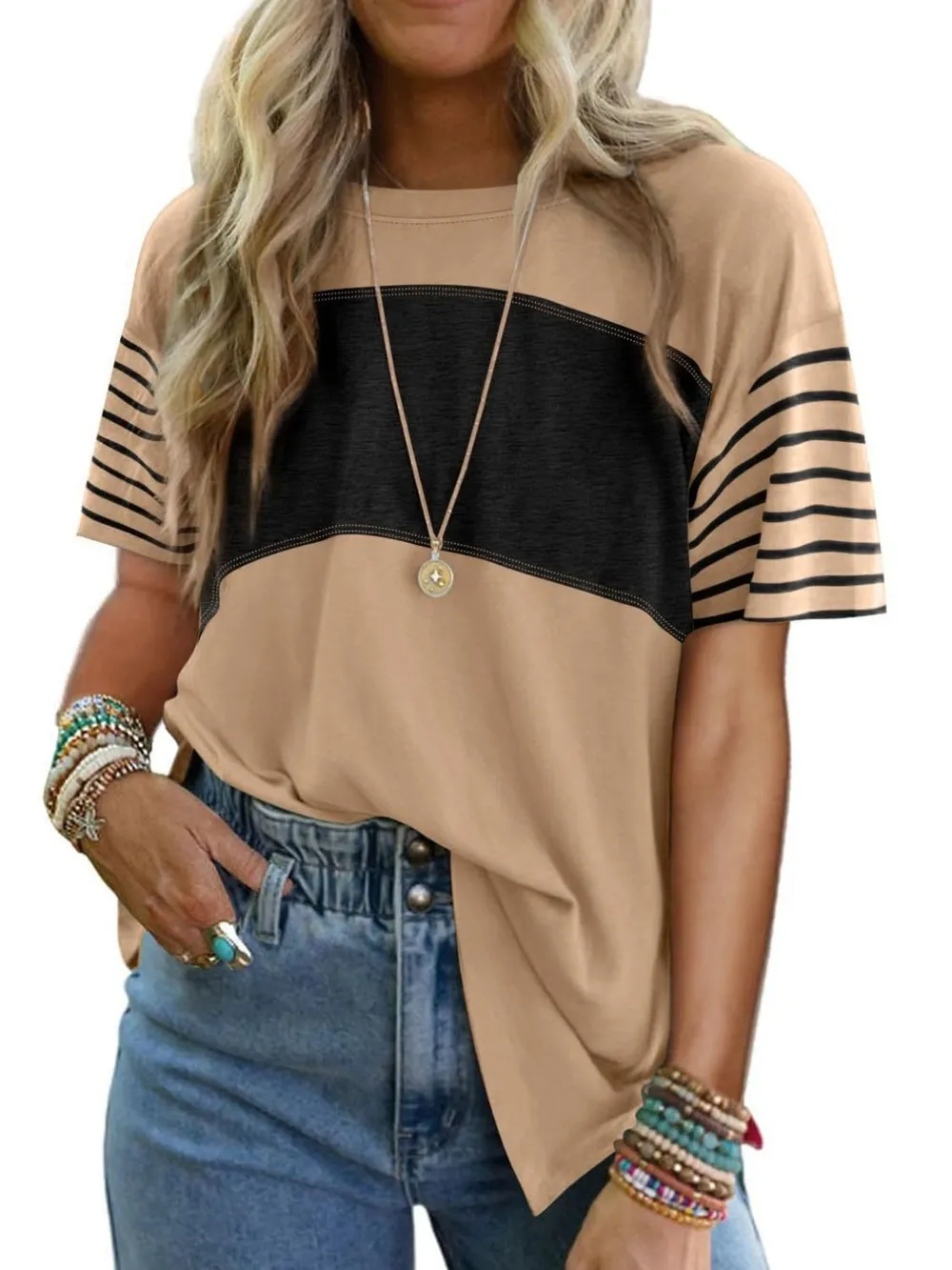 Color Block Striped Sleeve Casual T-Shirt, image 20