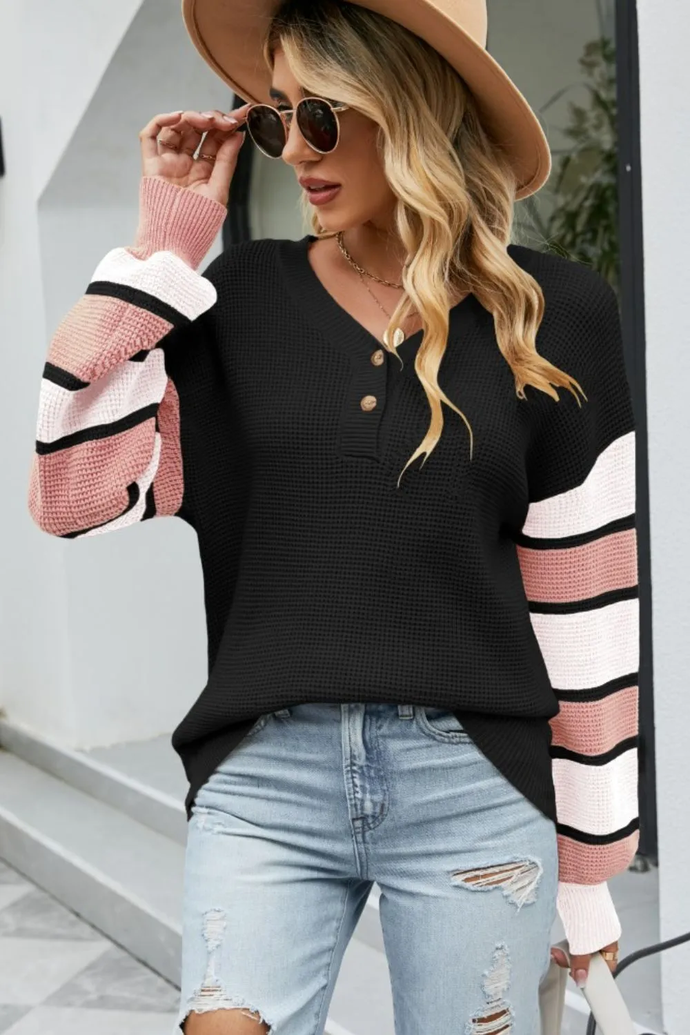 Color Block V-Neck Dropped Shoulder Sweater, image 7