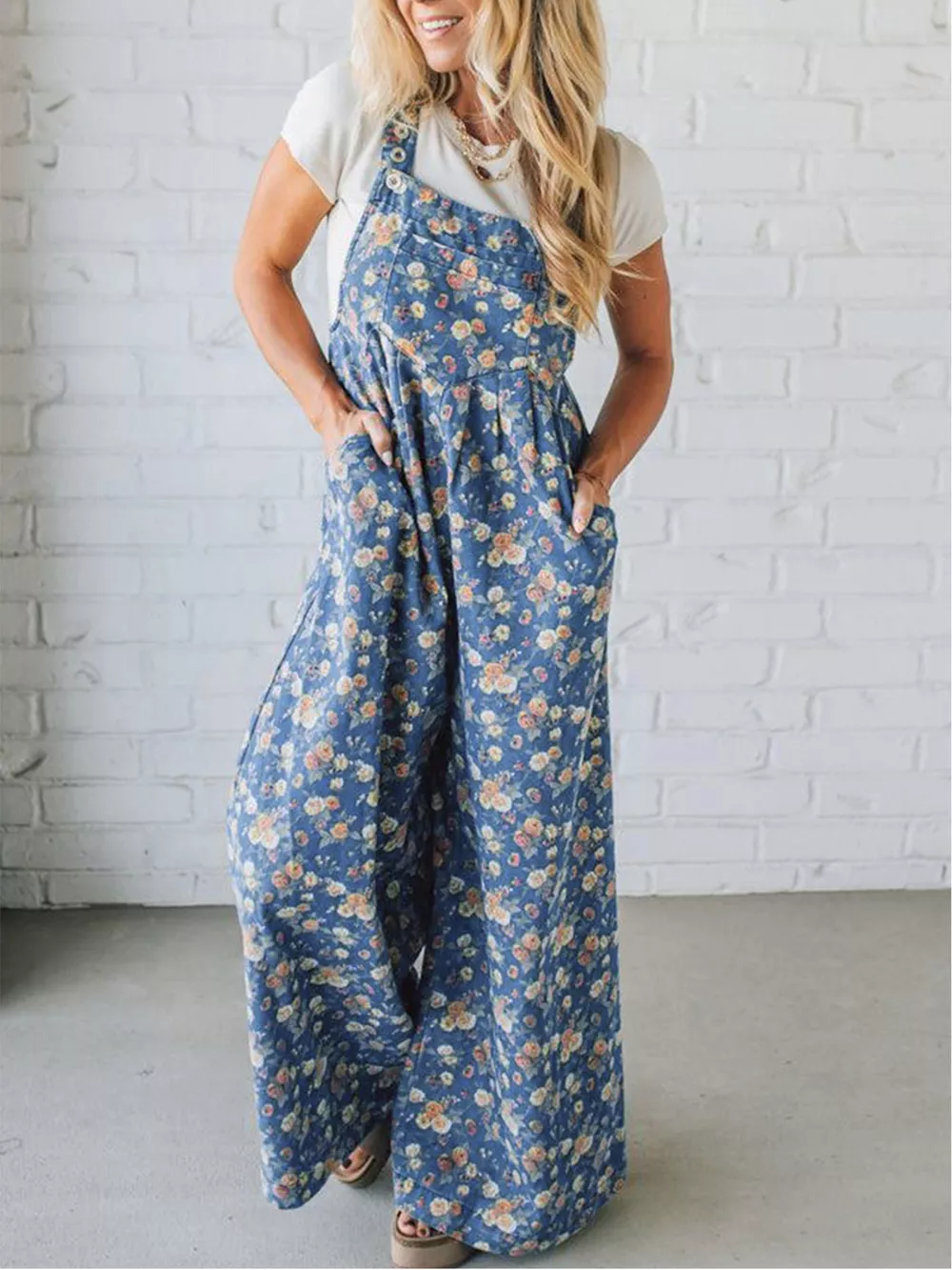 Floral Print Wide Leg Denim Overalls, image 2