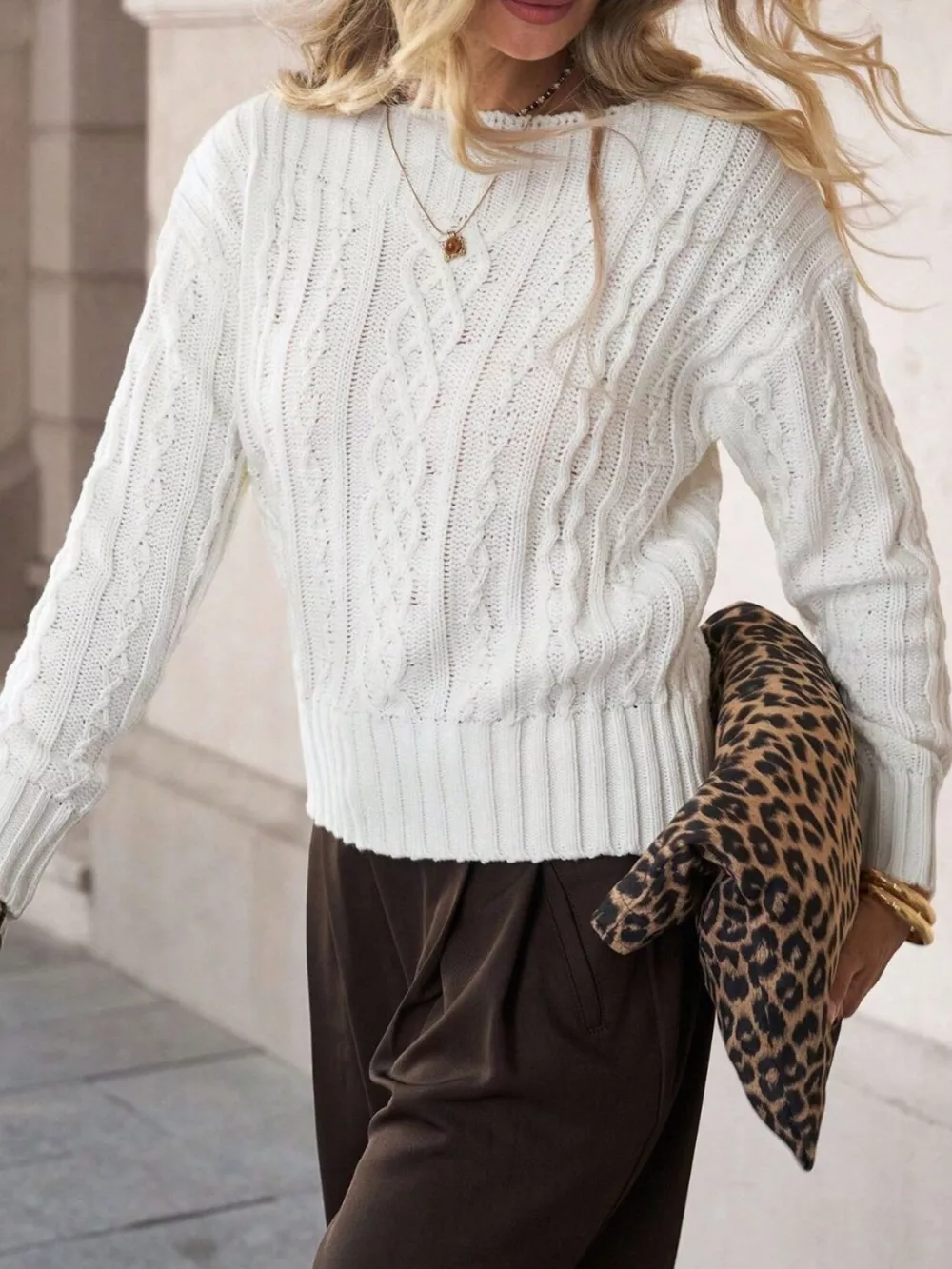 Cable-Knit Round Neck Sweater, image 3