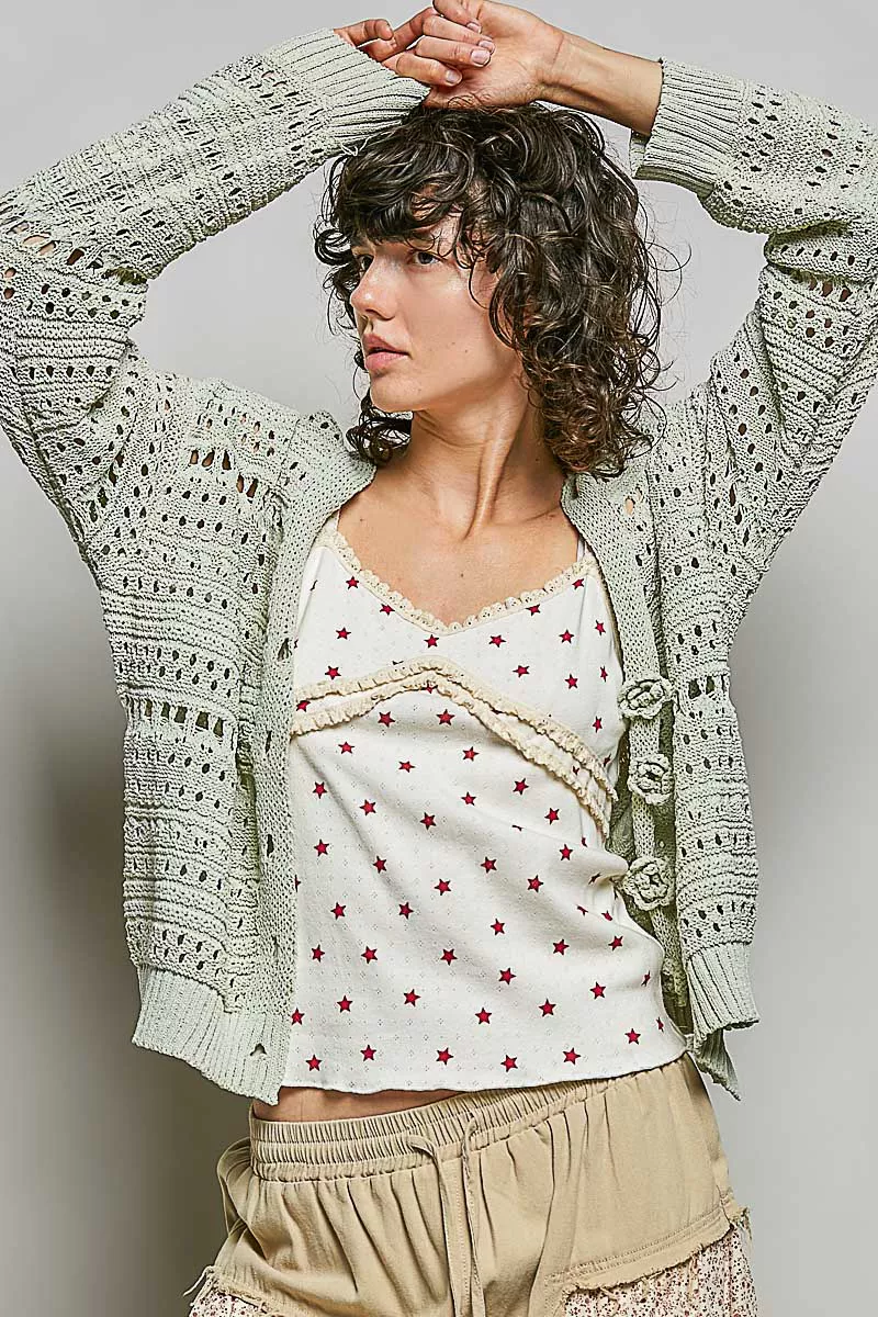 Open-Knit Floral Button Cardigan, image 3