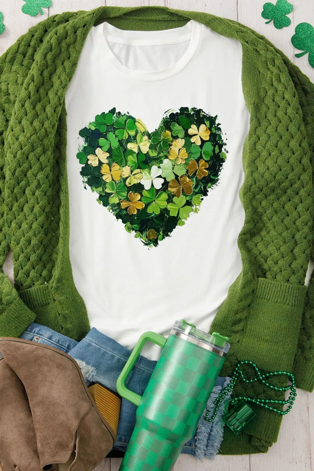 Clover Heart Round Neck Short Sleeve T-Shirt, image 3