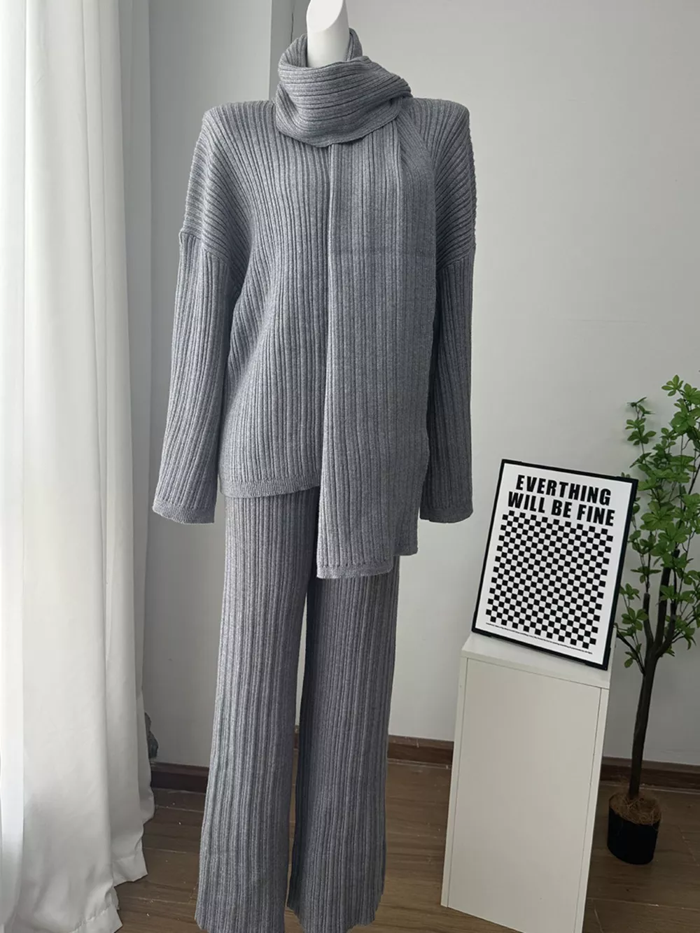 3-Piece Crew Neck Ribbed Sweater and Wide-Leg Pants Set with Scarf, image 15